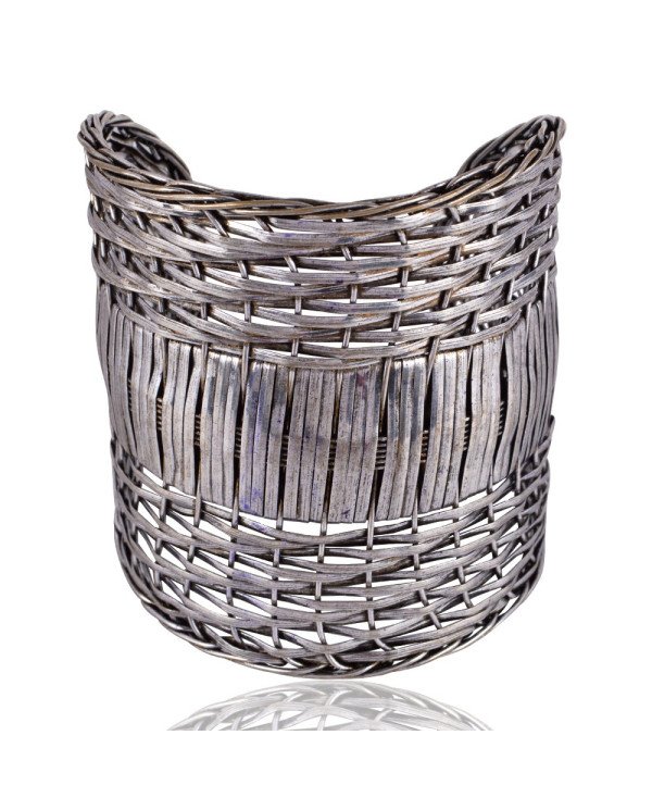 Solid Sterling Silver Basket Cuff Designer Textured Handmade Bracelet