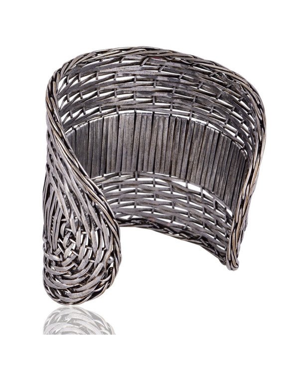 Solid Sterling Silver Basket Cuff Designer Textured Handmade Bracelet