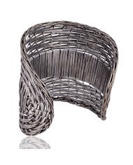Solid Sterling Silver Basket Cuff Designer Textured Handmade Bracelet