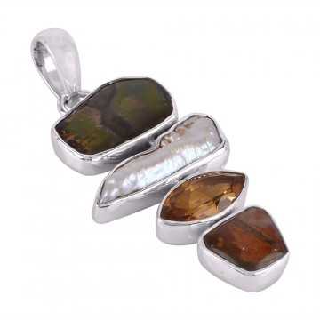 Ammolite Citrine and Fresh Water Pearl Silver Pendant