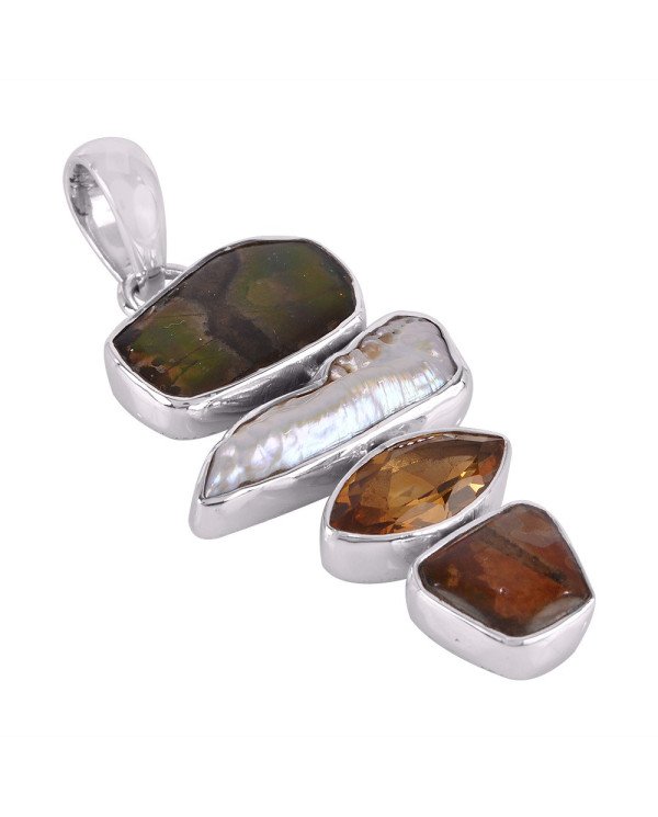 Ammolite Citrine and Fresh Water Pearl Silver Pendant
