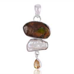 Fresh Water Pearl Ammolite and Citrine Dangling Silver Pendant