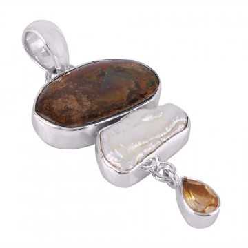 Fresh Water Pearl Ammolite and Citrine Dangling Silver Pendant