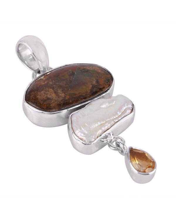 Fresh Water Pearl Ammolite and Citrine Dangling Silver Pendant