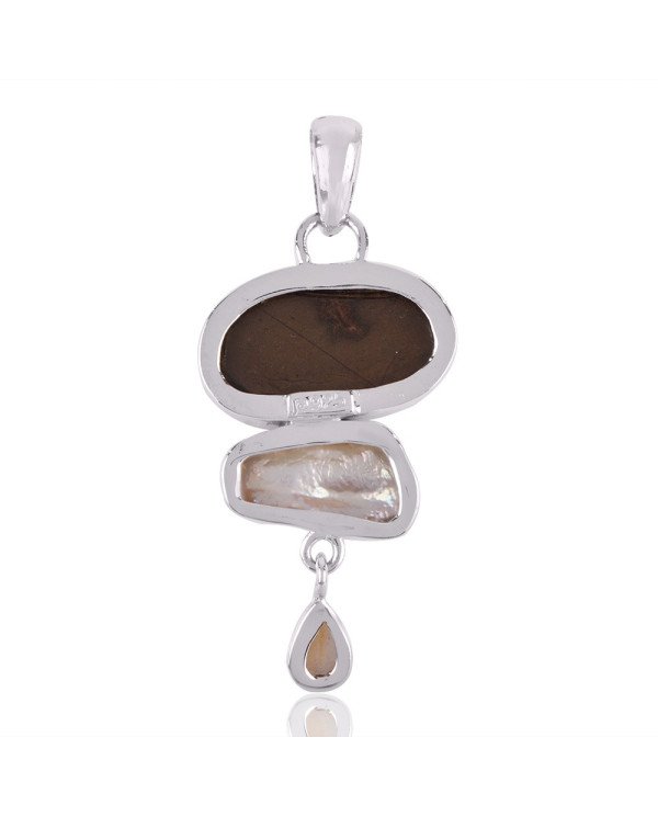 Fresh Water Pearl Ammolite and Citrine Dangling Silver Pendant
