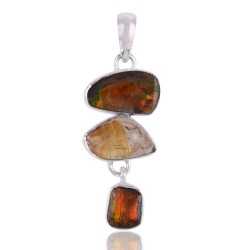 Rutilated Quartz Rutile and Ammolite Silver Dangle Pendant