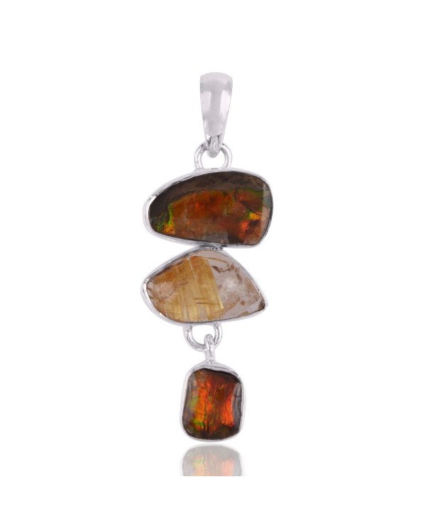 Rutilated Quartz Rutile and Ammolite Silver Dangle Pendant