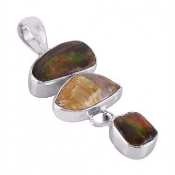 Rutilated Quartz Rutile and Ammolite Silver Dangle Pendant