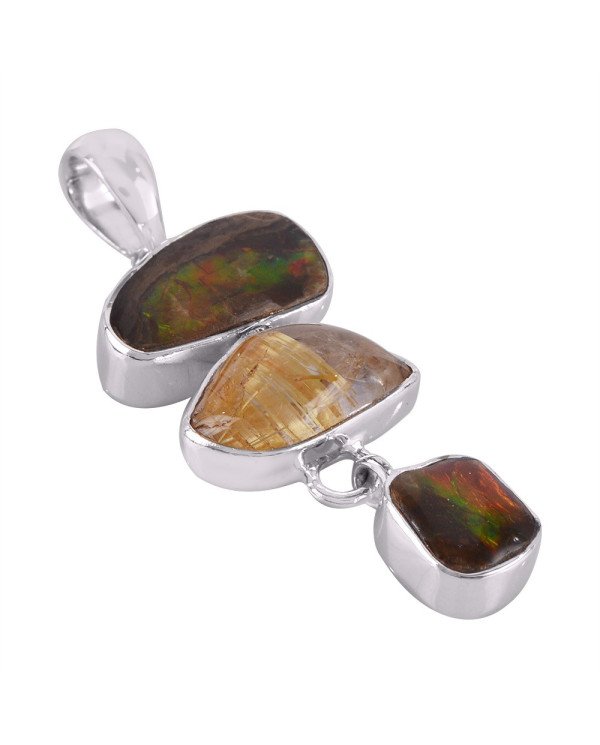 Rutilated Quartz Rutile and Ammolite Silver Dangle Pendant