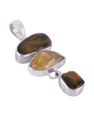 Rutilated Quartz Rutile and Ammolite Silver Dangle Pendant