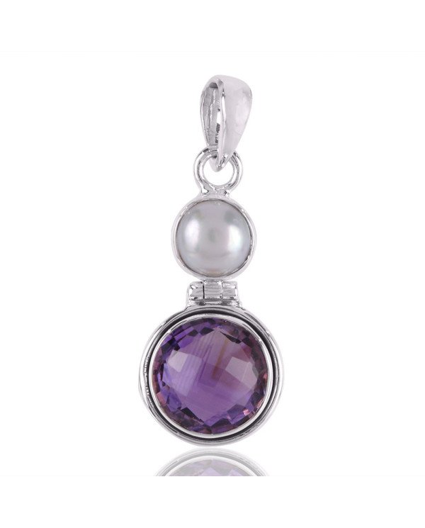 Amethyst and Pearl Round Gemstone Silver Pendant Locket