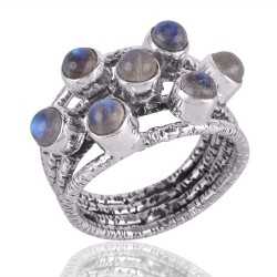 Rainbow Moonstone Gemstone 925 Solid Sterling Silver Hammered Ring