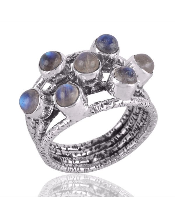 Rainbow Moonstone Gemstone 925 Solid Sterling Silver Hammered Ring