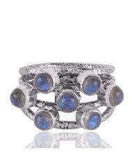 Rainbow Moonstone Gemstone 925 Solid Sterling Silver Hammered Ring