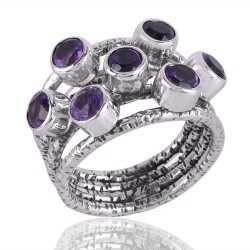 Amethyst Gemstone Hammered Textured 925 Solid Sterling Silver Ring