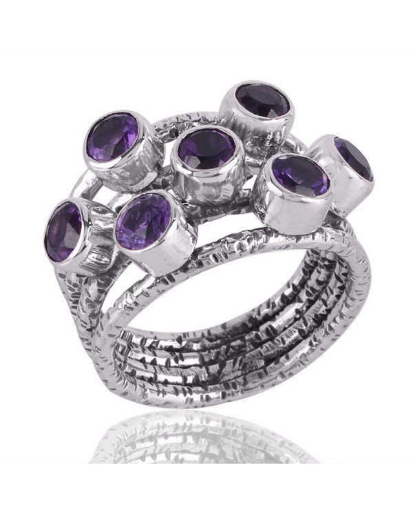 Amethyst Gemstone Hammered Textured 925 Solid Sterling Silver Ring