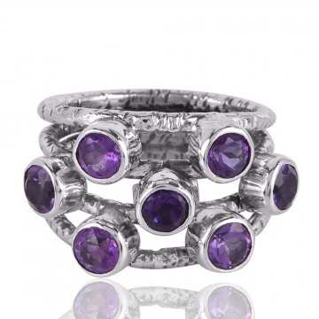 Amethyst Gemstone Hammered Textured 925 Solid Sterling Silver Ring