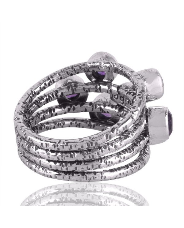 Amethyst Gemstone Hammered Textured 925 Solid Sterling Silver Ring