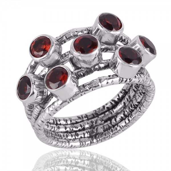 Garnet Gemstone Hammered Handmade 925 Solid Sterling Silver Ring