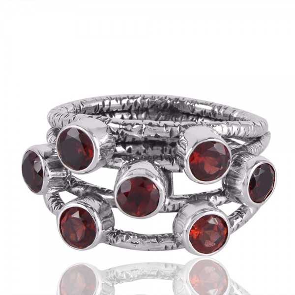 Garnet Gemstone Hammered Handmade 925 Solid Sterling Silver Ring