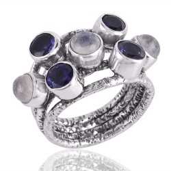 Iolite and Rainbow Moonstone Hammered 925 Solid Sterling Silver Ring