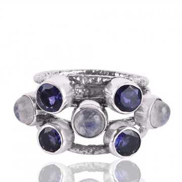 Iolite and Rainbow Moonstone Hammered 925 Solid Sterling Silver Ring