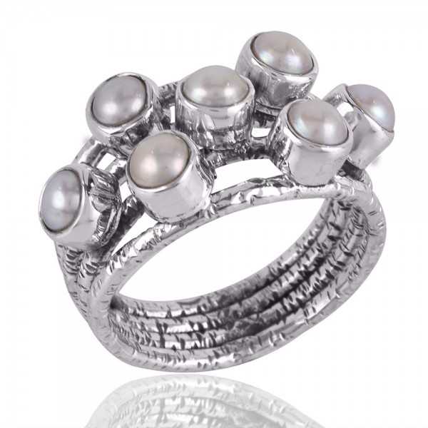 White Pearl and Gemstone 925 Solid Sterling Silver Hammered Ring