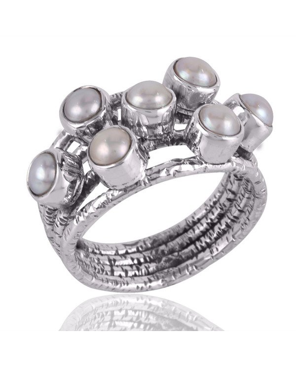 White Pearl and Gemstone 925 Solid Sterling Silver Hammered Ring