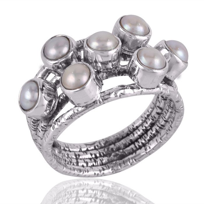 White Pearl and Gemstone 925 Solid Sterling Silver Hammered Ring
