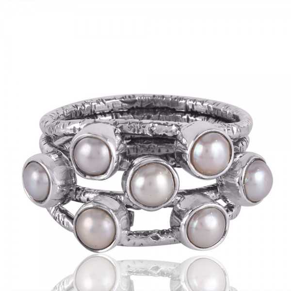 White Pearl and Gemstone 925 Solid Sterling Silver Hammered Ring