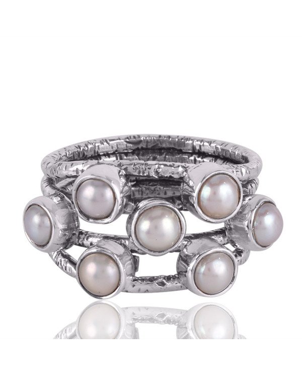White Pearl and Gemstone 925 Solid Sterling Silver Hammered Ring
