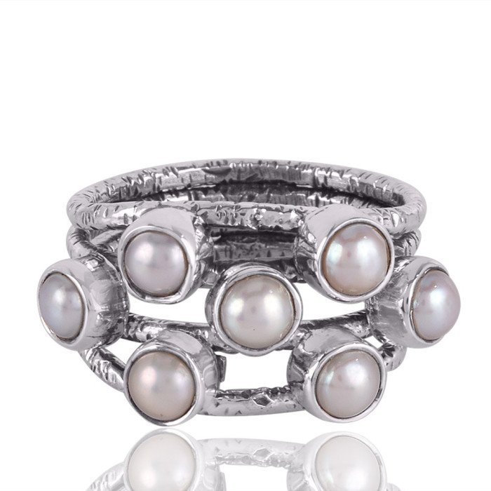 White Pearl and Gemstone 925 Solid Sterling Silver Hammered Ring