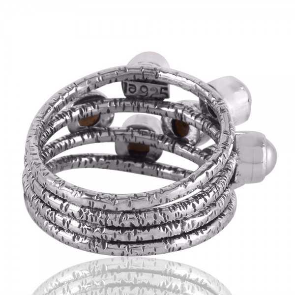 White Pearl and Gemstone 925 Solid Sterling Silver Hammered Ring