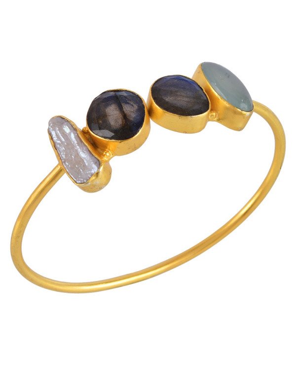 Labradorite Onyx and Biwa Pearl Gold Plated Fashion Bangle Bracelet