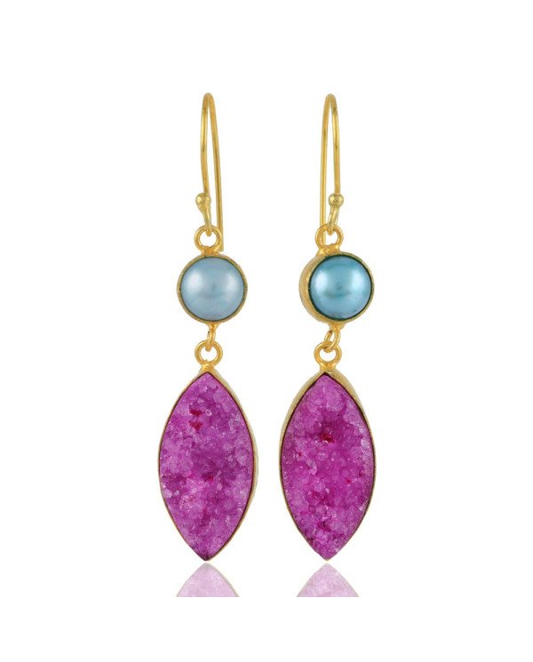 Pink Druzy and Color Pearl Gold Plated Fashion Earrings