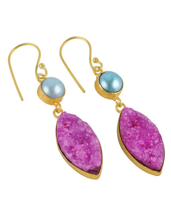 Pink Druzy and Color Pearl Gold Plated Fashion Earrings