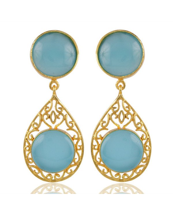 Aqua Chalcedony Filligree Designed Stud Earring