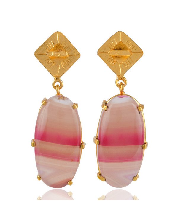 Natural Agate and Gold Plated Dangler Stud Earring