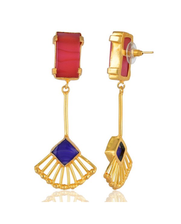 Colored Agate Red Stone and Blue Stone Dangle Stud Fashion Earrings