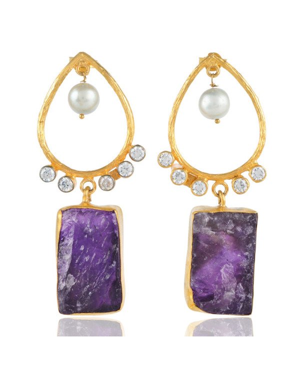 Rough Amethyst Pearl and White CZ Cubic Zircon Dangle Drop Earrings
