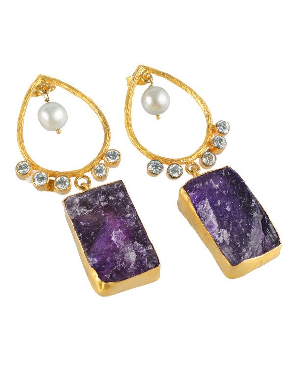 Rough Amethyst Pearl and White CZ Cubic Zircon Dangle Drop Earrings