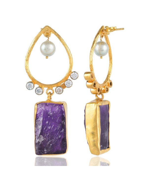 Rough Amethyst Pearl and White CZ Cubic Zircon Dangle Drop Earrings