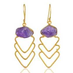 Yellow Gold Plated and Rough Amethyst Fashion Jewelry Dangle Earring