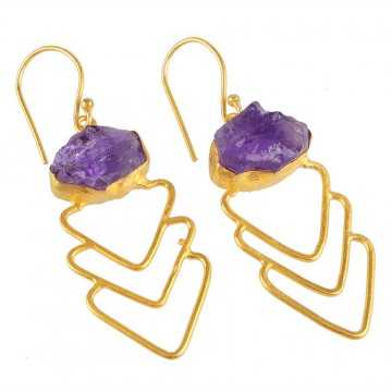 Yellow Gold Plated and Rough Amethyst Fashion Jewelry Dangle Earring