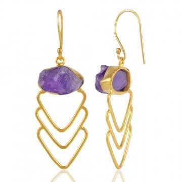 Yellow Gold Plated and Rough Amethyst Fashion Jewelry Dangle Earring