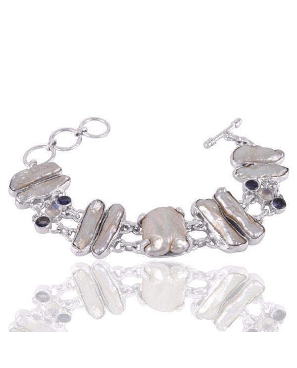 White Baroque Pearl Iolite and Rainbow Moonstone Silver Bracelet