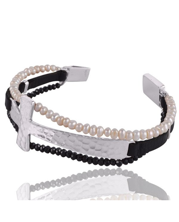 Beautiful 925 Silver Cross Bracelet with Pearl and Black Onyx