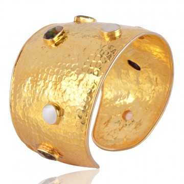 18K Gold Plated Ammolite and Mabe Pearl Silver Hammered Cuff Bracelet