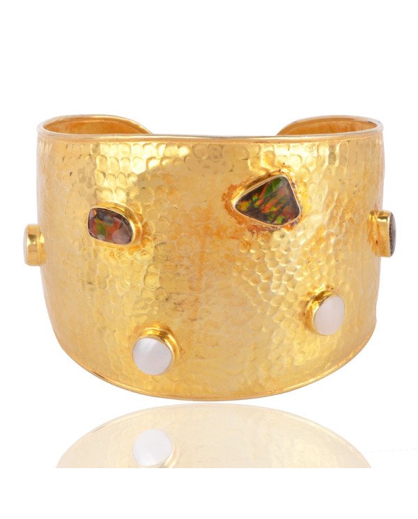 18K Gold Plated Ammolite and Mabe Pearl Silver Hammered Cuff Bracelet