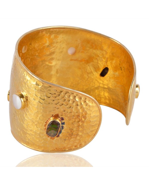 18K Gold Plated Ammolite and Mabe Pearl Silver Hammered Cuff Bracelet